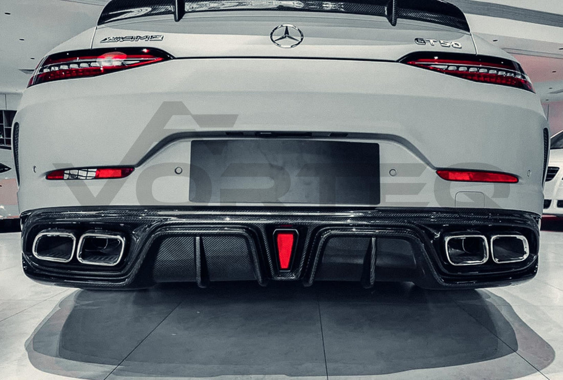 Carbon Fiber I Style Rear Diffuser w/ Reflectors & Exhaust Tips Mercedes Benz AMG GT50 GT53 GT43 4 Door Coupe X290 (2019 2024)