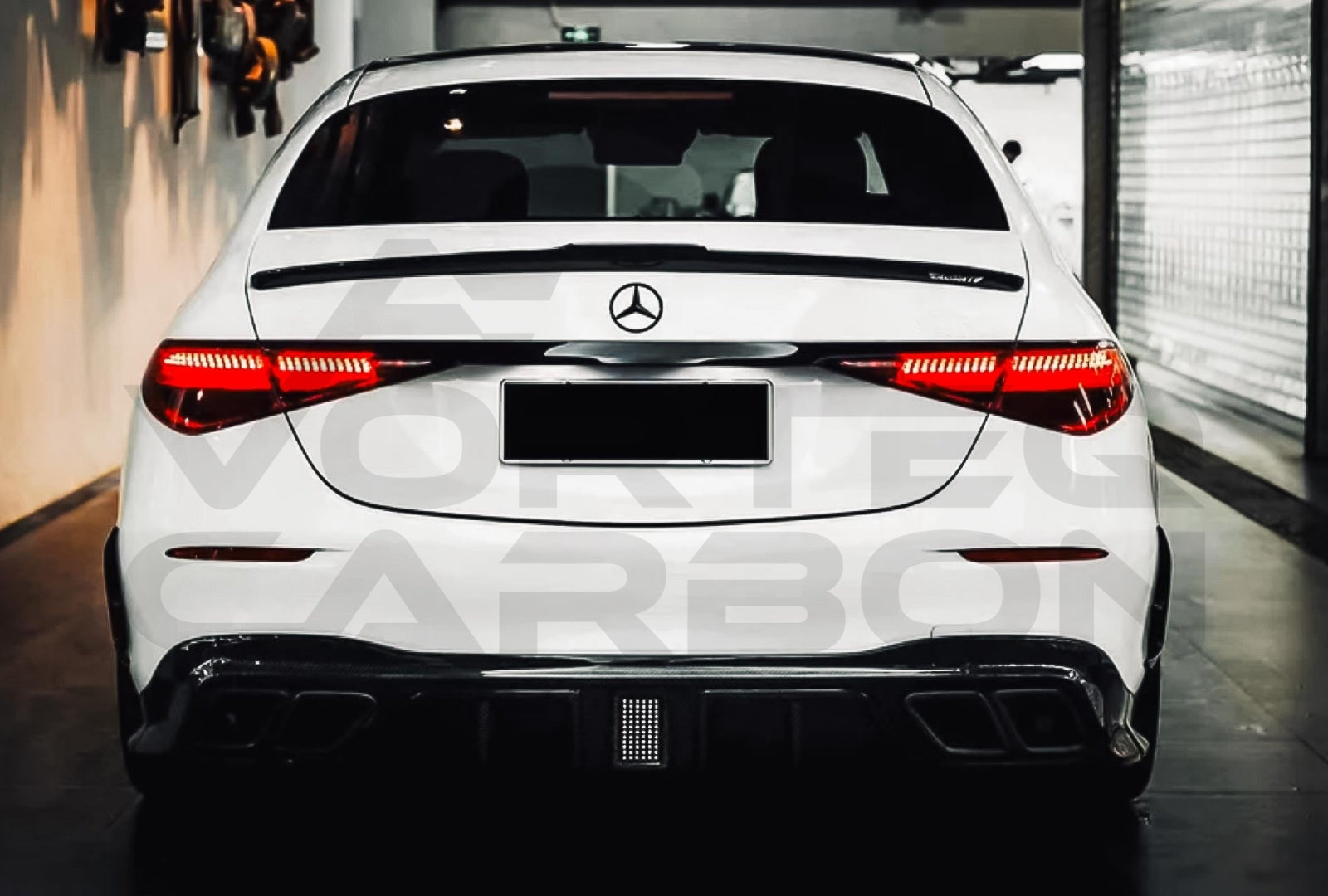 Carbon Fiber M Style Rear Diffuser w/ LED & Exhaust Tips Mercedes Benz S Class W223 Sedan (2021 2024).