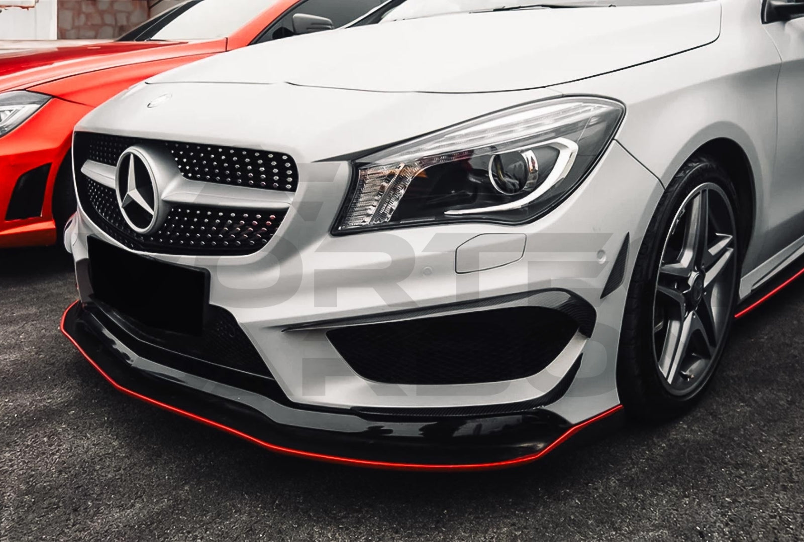 Carbon Fiber R Style Front Bumper Canards Mercedes Benz W117 CLA Sport / CLA45 AMG (2013 2016)