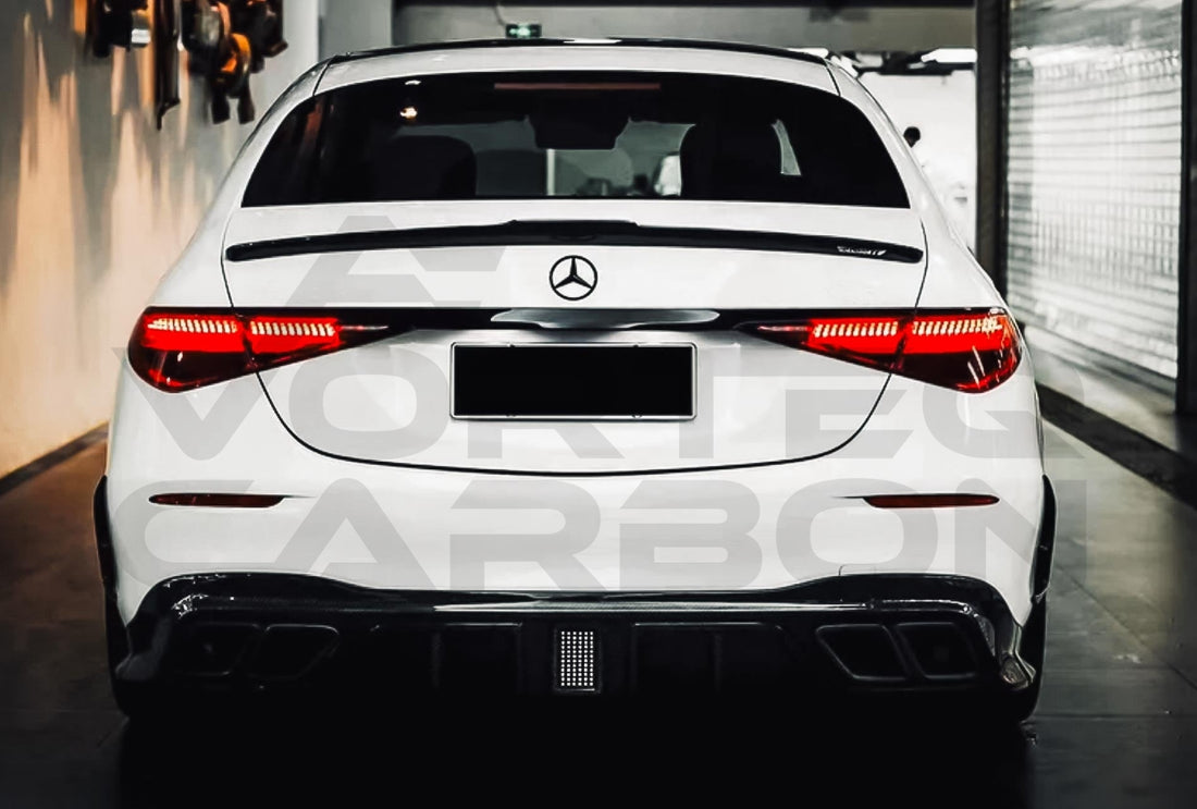 Carbon Fiber M Style Rear Diffuser w/ LED &amp; Exhaust Tips Mercedes Benz S Class W223 Sedan (2021 2024).
